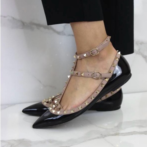 Valentino Garavani Black Patent Pointed-Toe Flats with Nude Studded Straps
